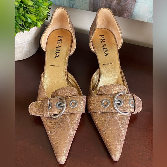 PRADA VINTAGE D’ORSAY KITTEN HEELS PUMPS GOLDEN BROCADE ICONIC BUCKLE SIZE 39.5 - Picture 10 of 17